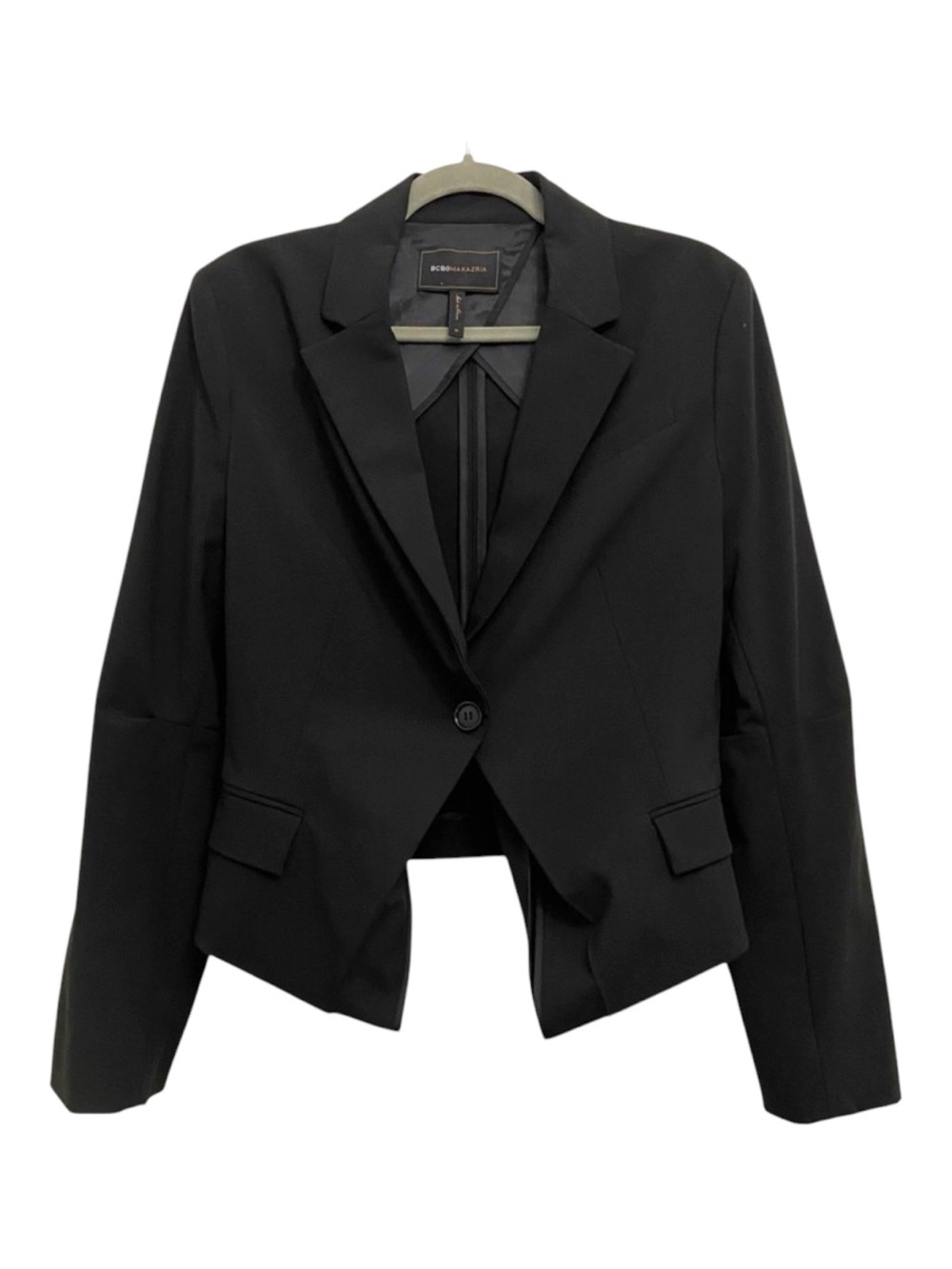 BCBGMAXAZRIA Black Cropped Fitted Blazer Open Back Tails One Button Jacket Sz M